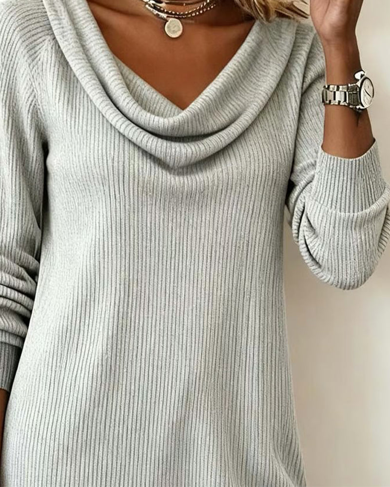 Women's Ribbed Sweater Dress with Draped Cowl Neck | Long Sleeves, Straight Cut, Above the Knee | Sizes S-2XL, 3 Colors