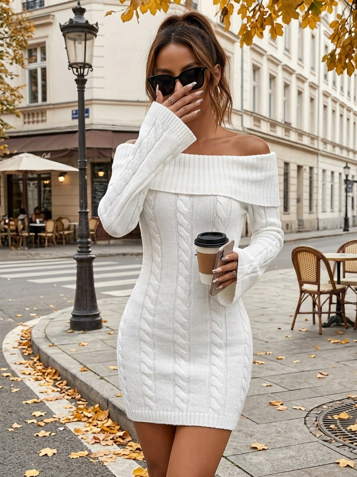 Women's Off Shoulder Knit Dress in Cable Texture | Foldover Collar and Flared Sleeves | Sizes S-2XL, 5 Colors