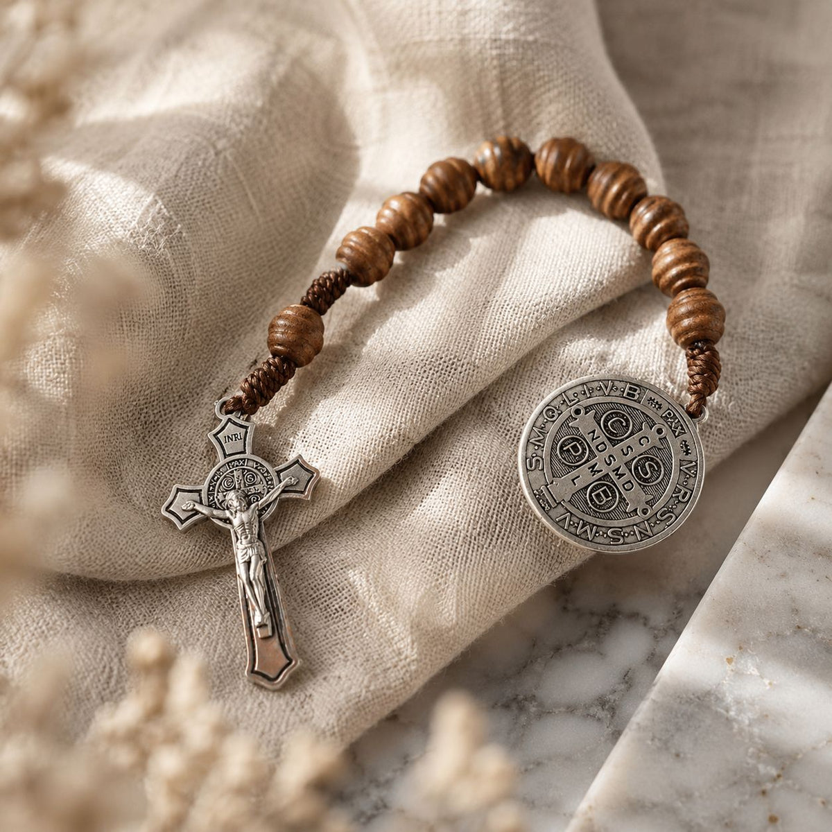 Saint Benedict | Natural Wood Pocket Rosary