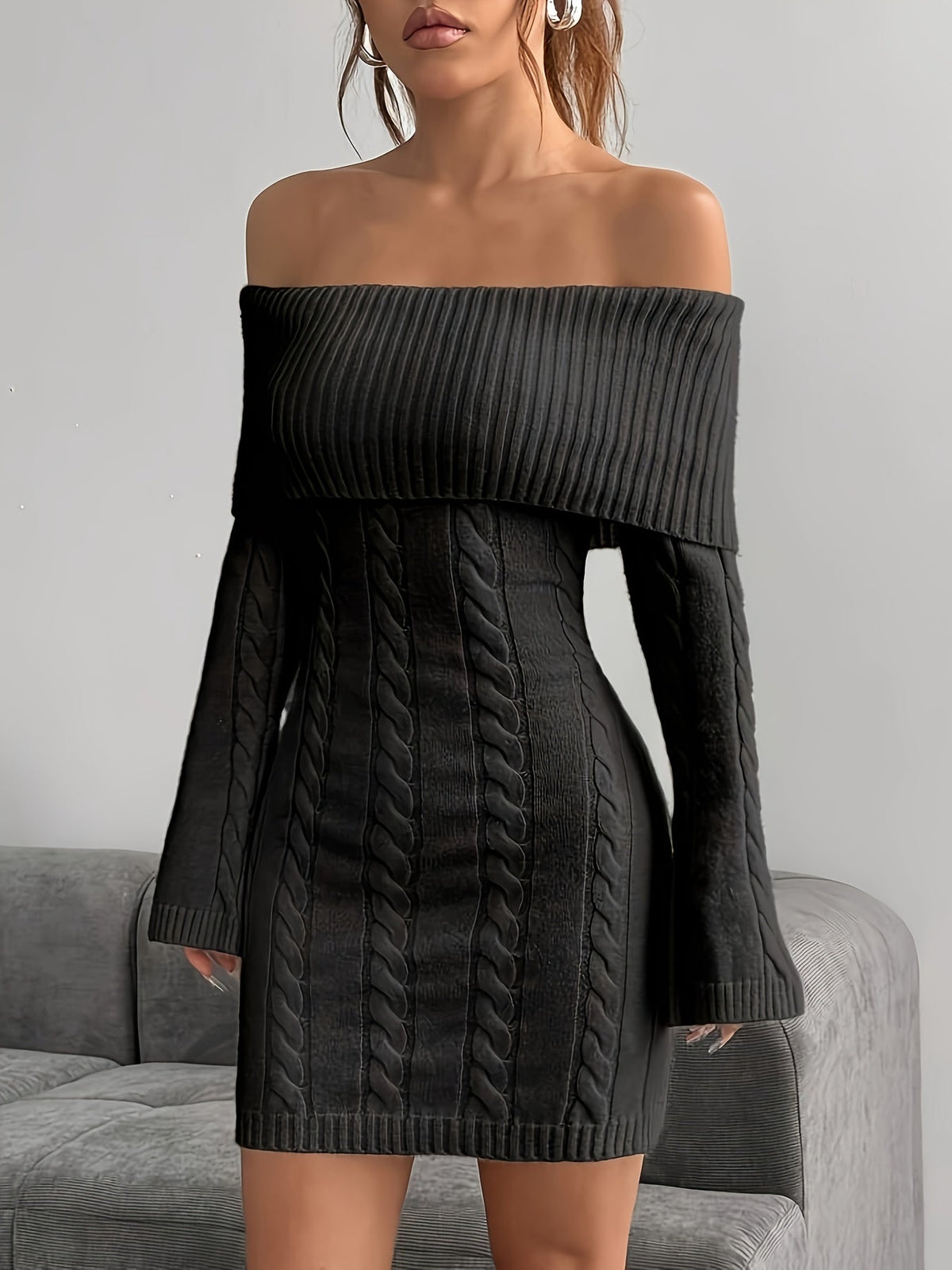 Women's Off Shoulder Knit Dress in Cable Texture | Foldover Collar and Flared Sleeves | Sizes S-2XL, 5 Colors