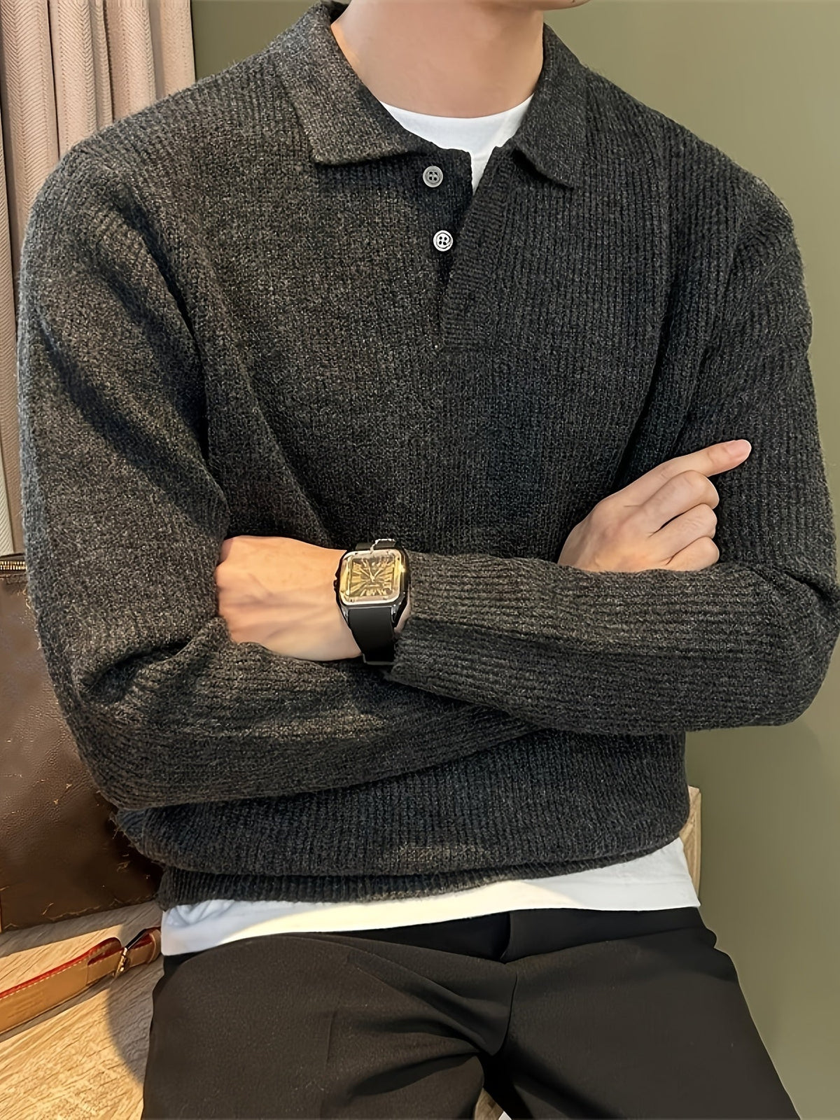 Men's Ribbed Knit Polo Sweater, Long Sleeve, Button Placket