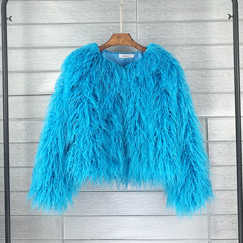 Women's Shaggy Faux Fur Jacket Round Neck Long Sleeve