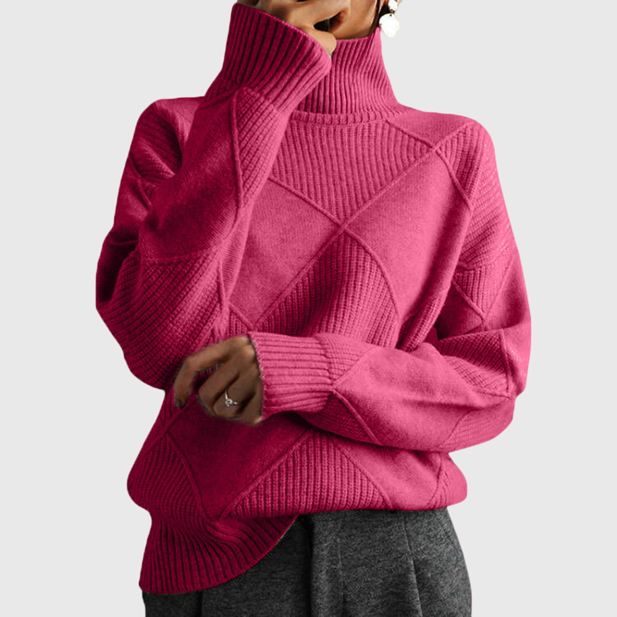 Women's Turtleneck Sweater with Knit | Size S-2XL | Pink, Purple, Yellow, Green, Grey, Black