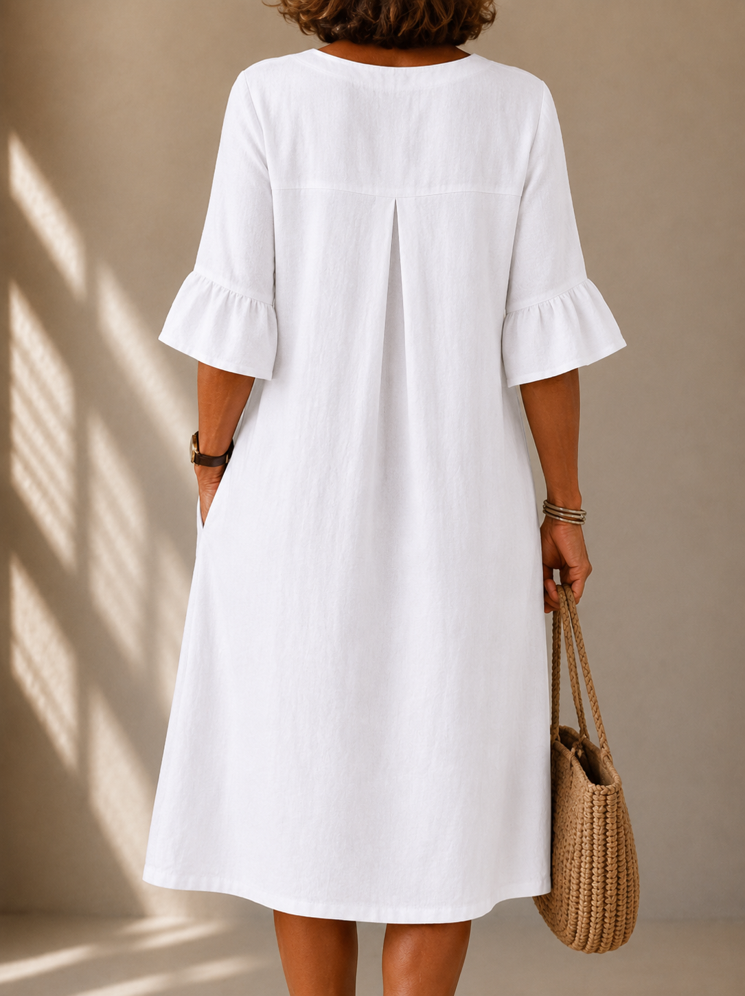 Nicole | White Midi Dress with Buttons and Petal Sleeves