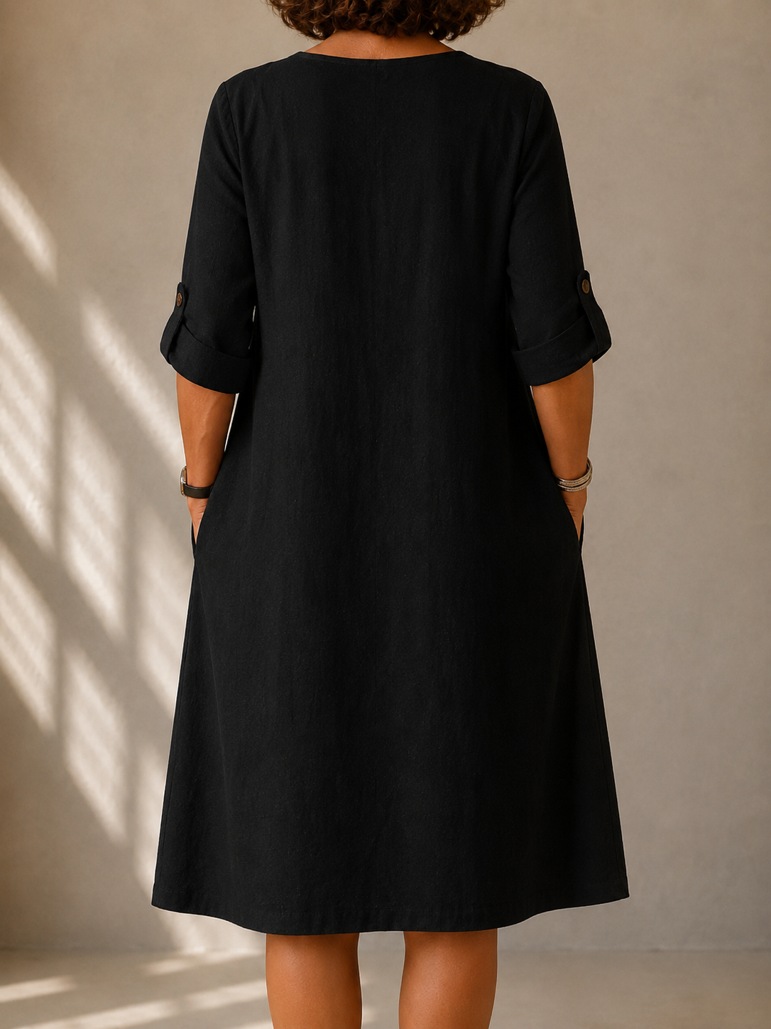 Pauline | Black Midi Dress with Rolled Sleeves