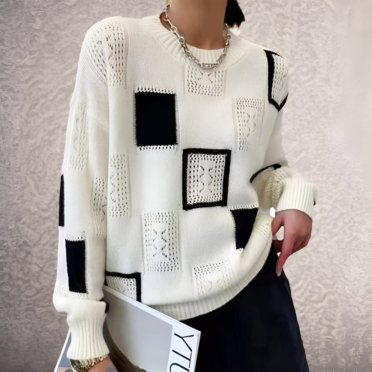 Women's Geometric Patchwork Crew Neck Sweater, Long Sleeves