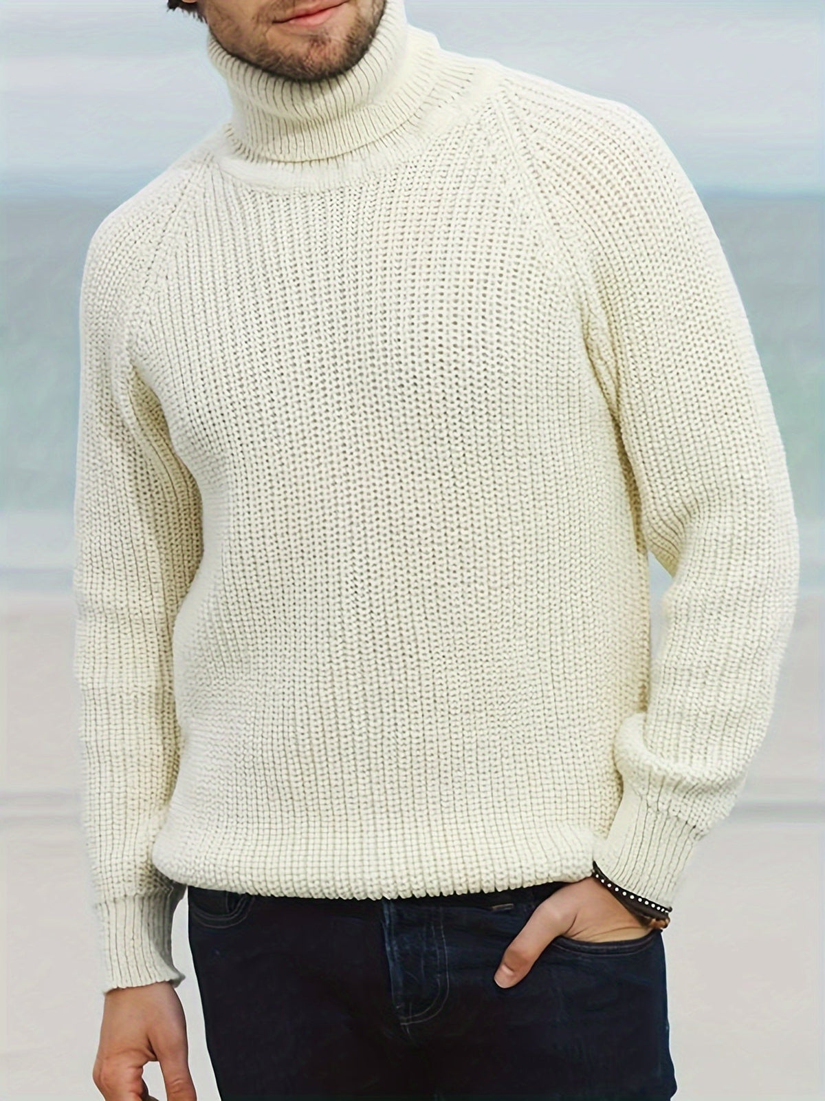 Alexander | Mens Warm Knit Sweater with Turtleneck — Classic Knit Design in Beige | Westmere