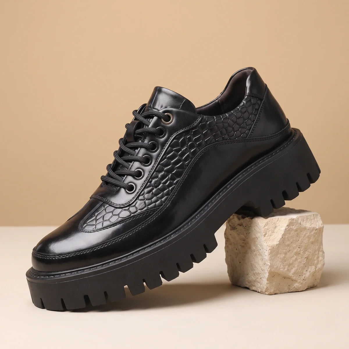 Achille Croc Panel Leather Lug Sole Derby Shoes