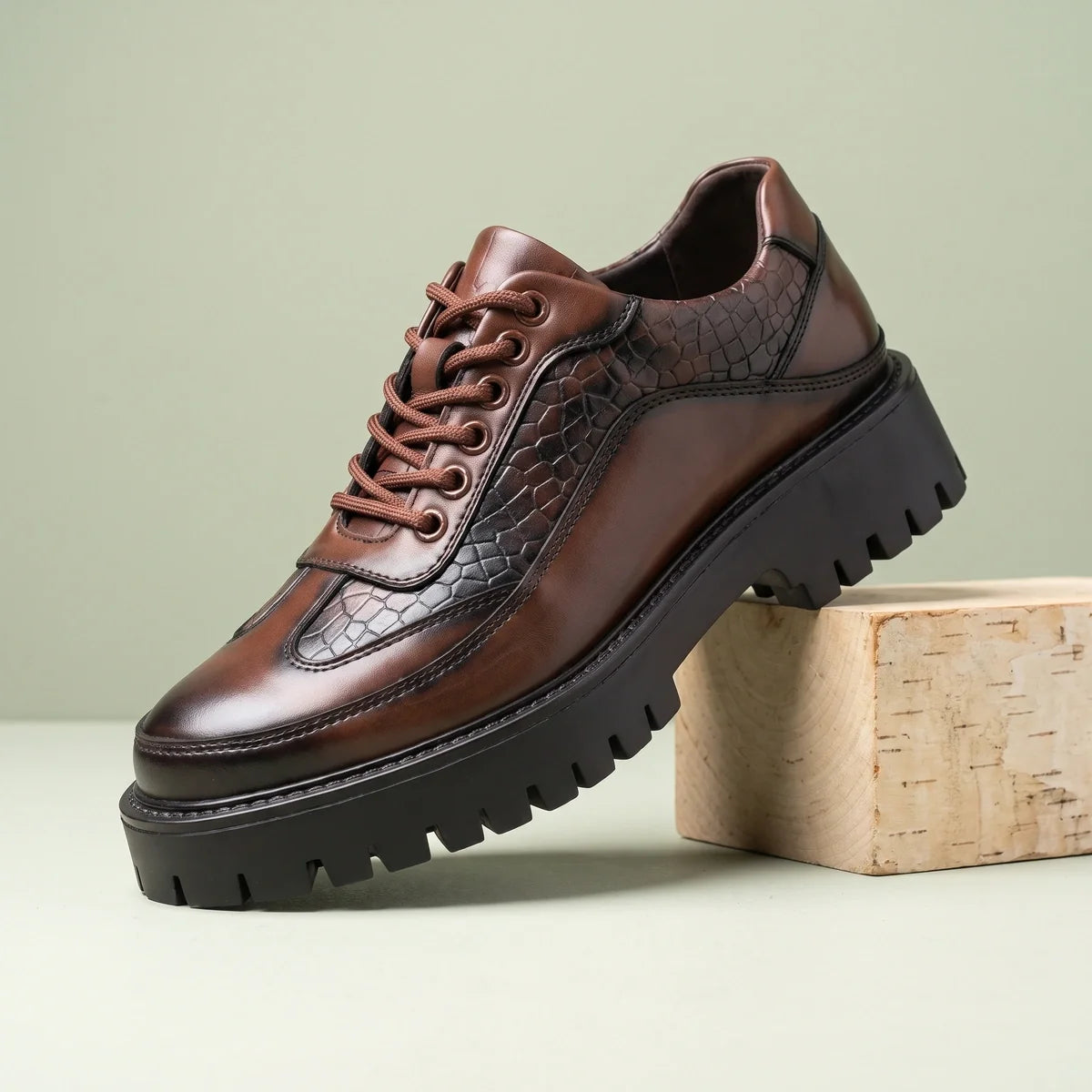 Achille Croc Panel Leather Lug Sole Derby Shoes
