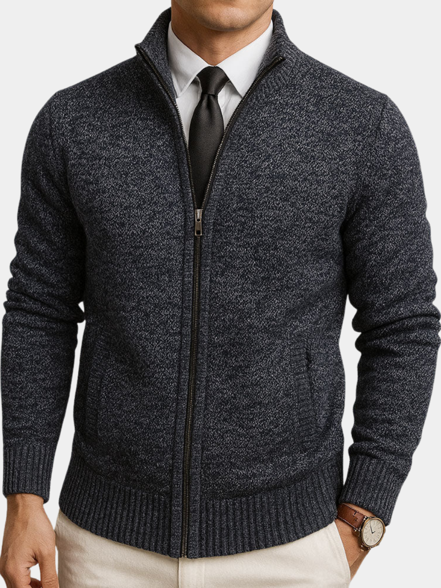 Men's Zip-Up Cardigan Sweater, Stand Collar, Long Sleeves