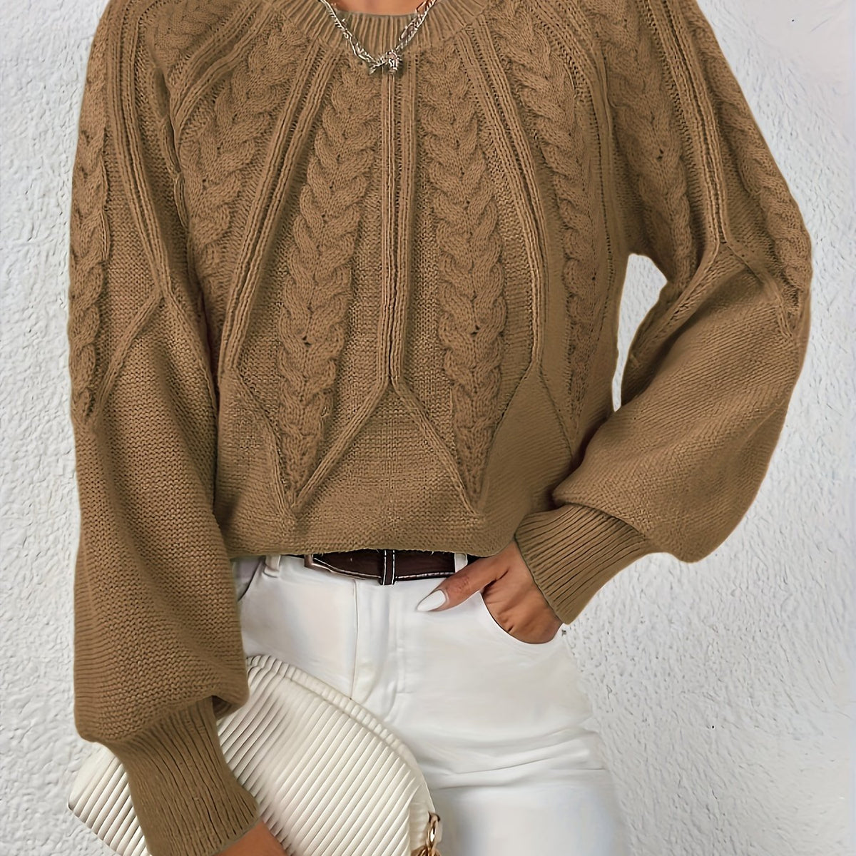 Women's Cable-Knit Pullover Sweater with Lantern Sleeves