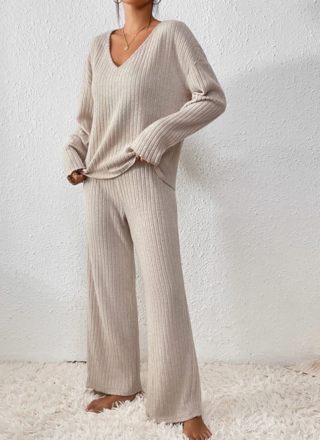 Adaline | Ribbed Knit Sweater Set with Long Sleeves and V-Neck for Women