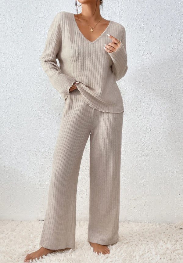 Adaline | Ribbed Knit Sweater Set with Long Sleeves and V-Neck for Women