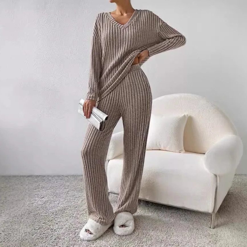 Adaline | Ribbed Knit Sweater Set with Long Sleeves and V-Neck for Women