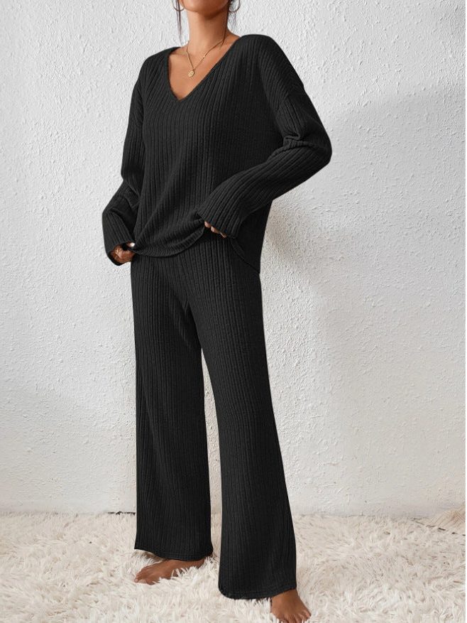 Adaline | Ribbed Knit Sweater Set with Long Sleeves and V-Neck for Women