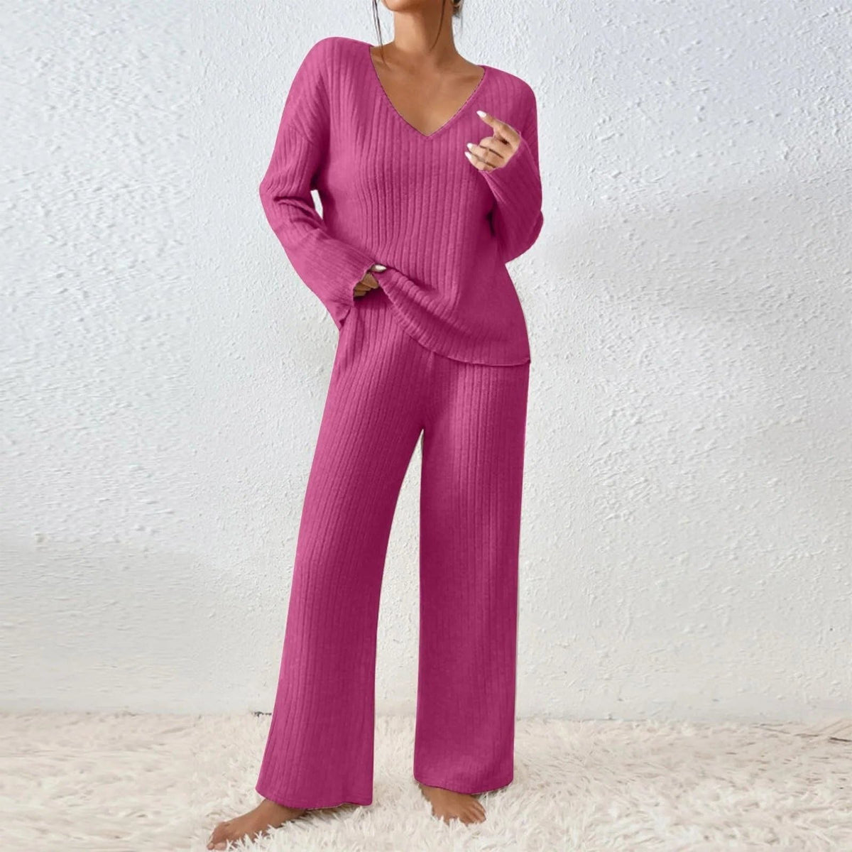 Adaline | Ribbed Knit Sweater Set with Long Sleeves and V-Neck for Women