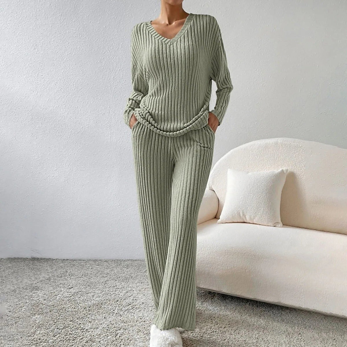 Adaline | Ribbed Knit Sweater Set with Long Sleeves and V-Neck for Women
