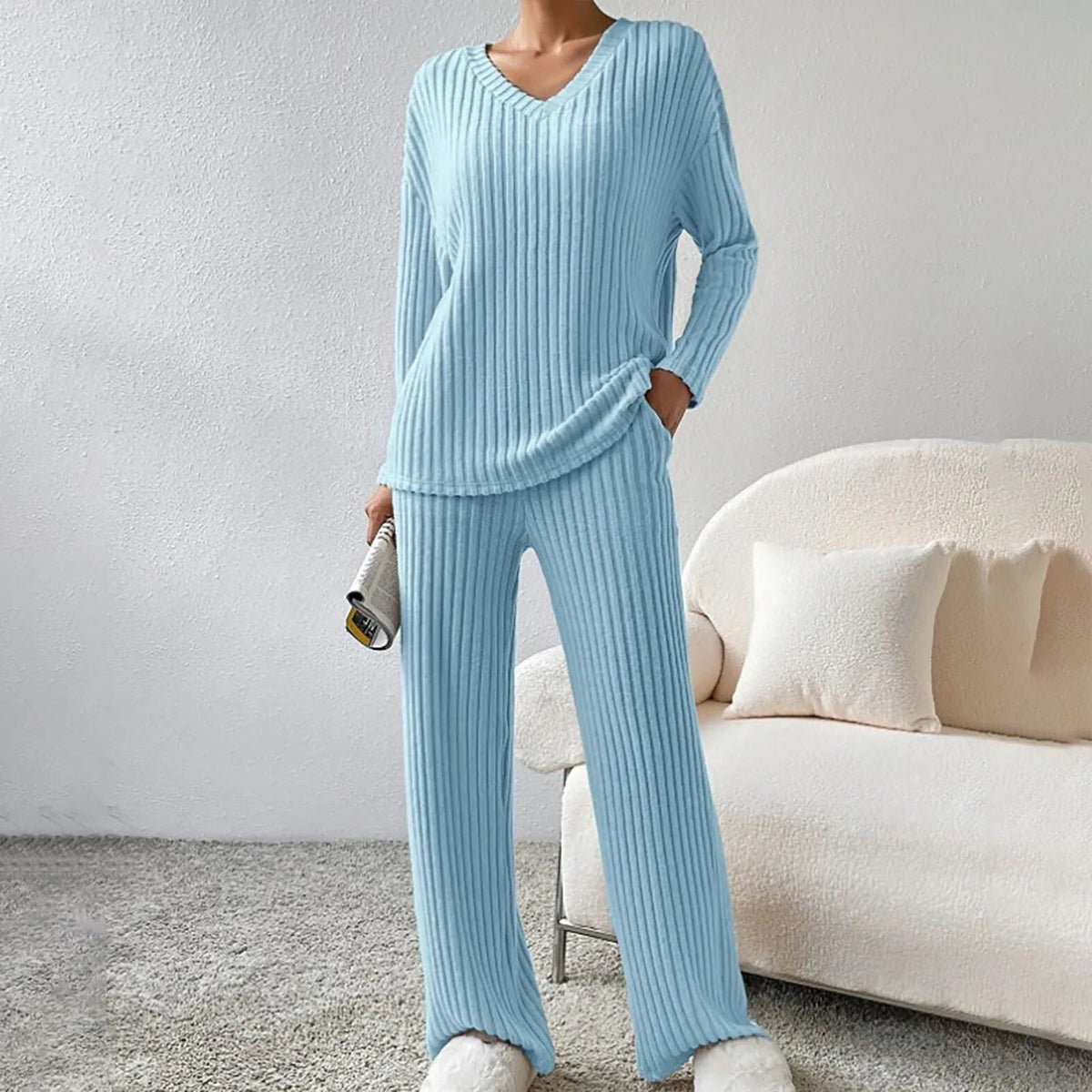 Adaline | Ribbed Knit Sweater Set with Long Sleeves and V-Neck for Women