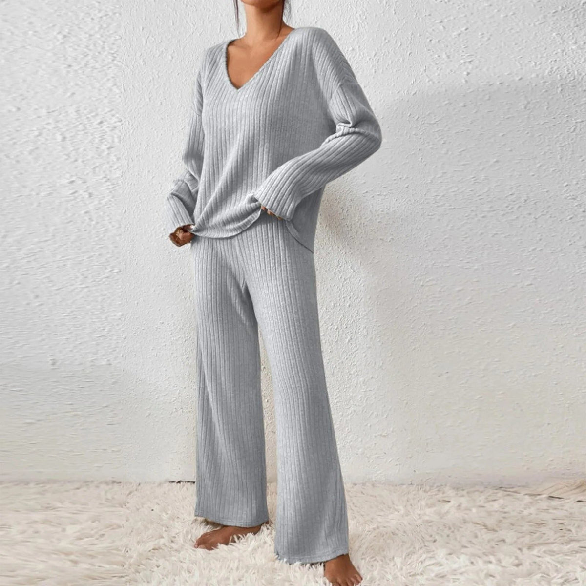 Adaline | Ribbed Knit Sweater Set with Long Sleeves and V-Neck for Women