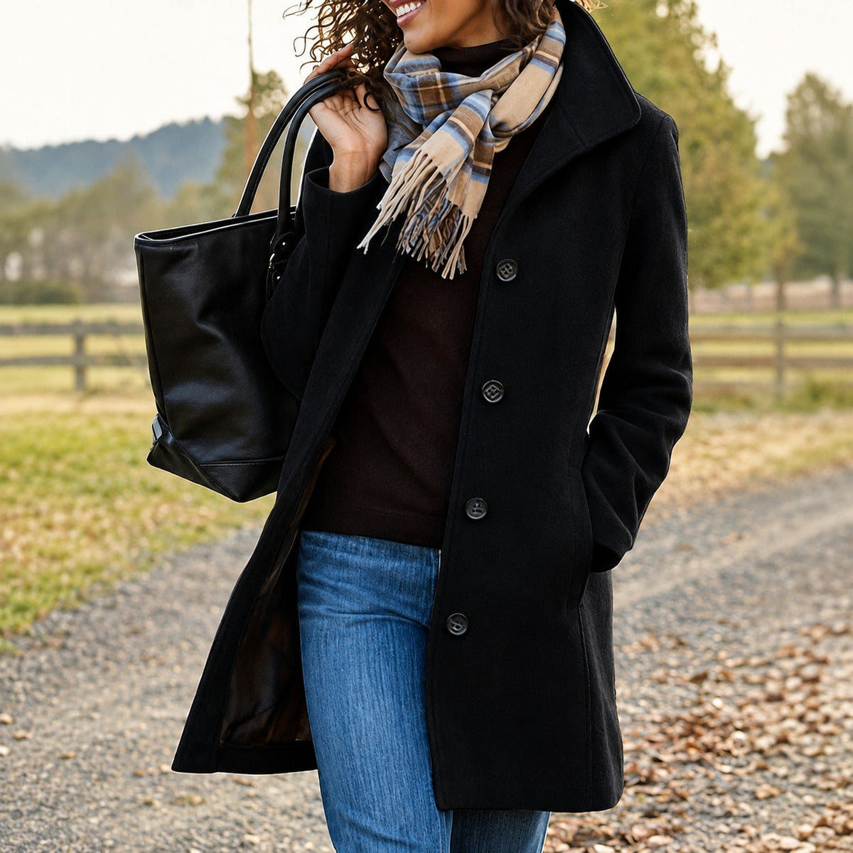 Women's Textured Mid-Length Coat, Button Front, Long Sleeves