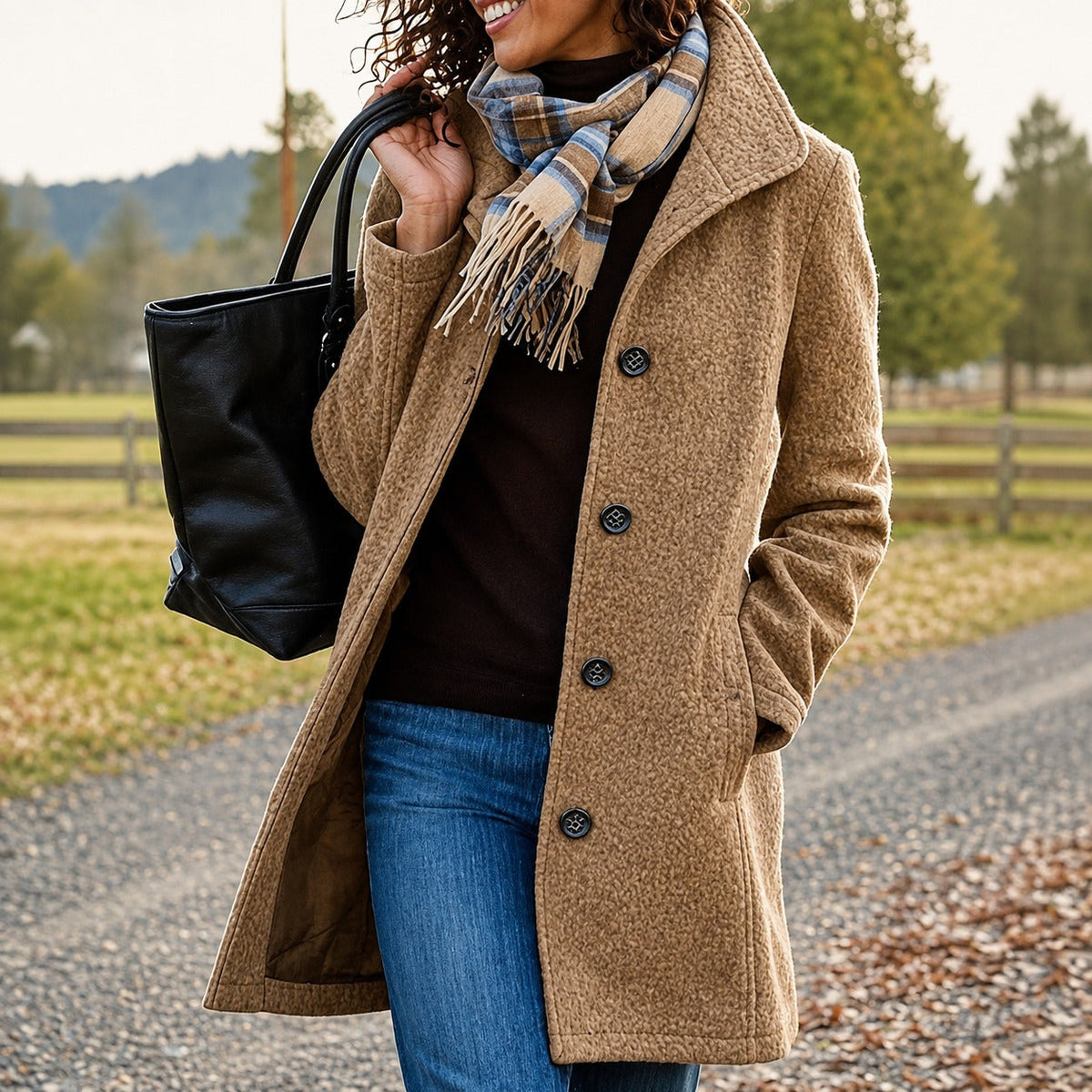 Women's Textured Mid-Length Coat, Button Front, Long Sleeves