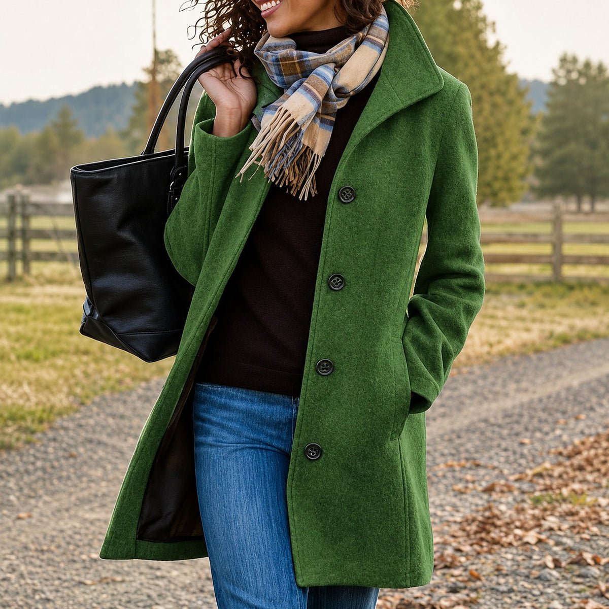 Women's Textured Mid-Length Coat, Button Front, Long Sleeves