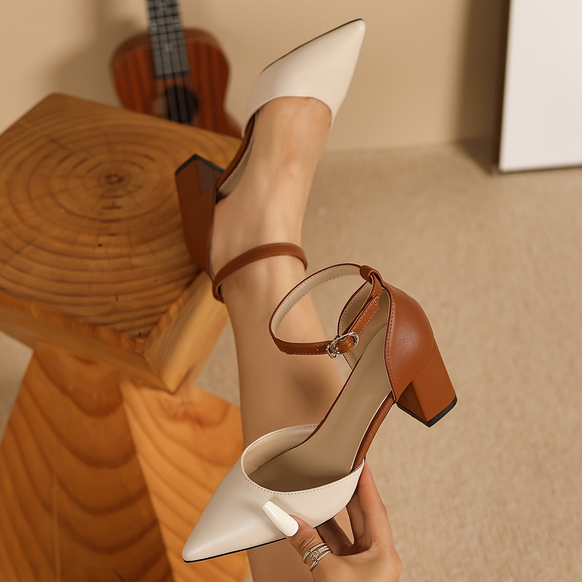 Women's Two-Tone Ankle Strap Block Heel Pumps