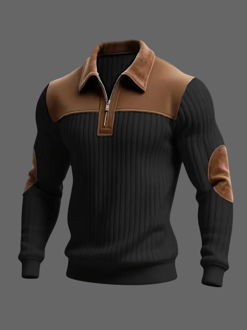 Adrian - Men's Ribbed Half-Zip Polo with Suede Accents