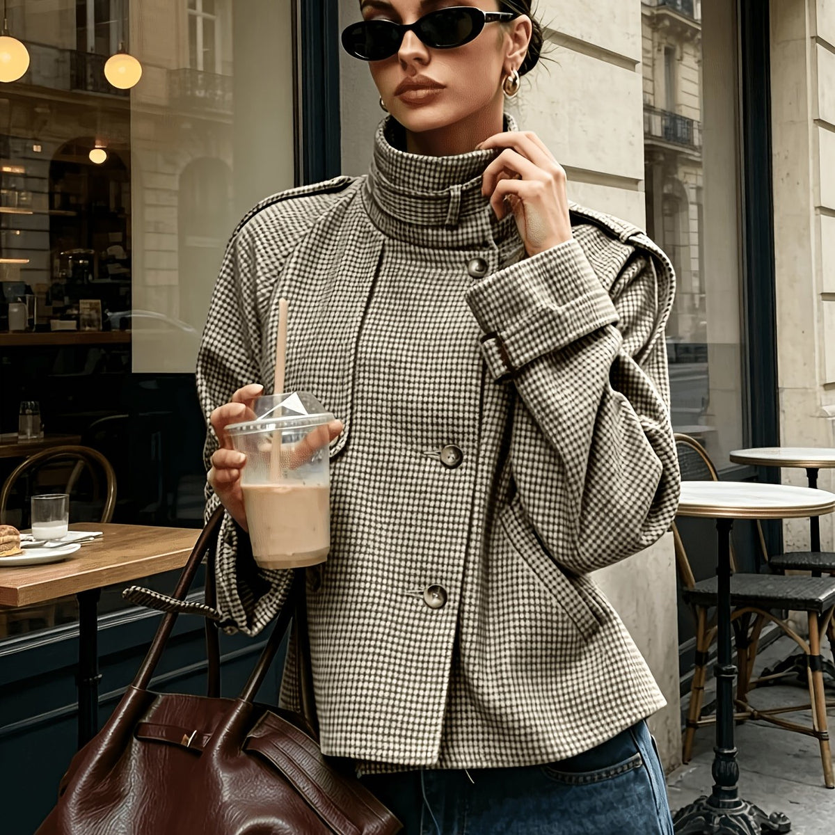 Women's Jacket with Check Pattern and Button Front | Pockets, Cropped Length | Size S-2XL | Khaki