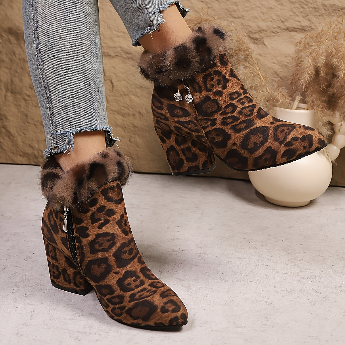 Women's Faux Fur Trim Ankle Boots with Block Heel