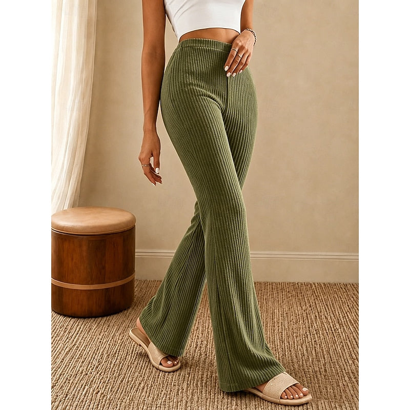Women's High-Waist Flare Pants with Ribbed Texture