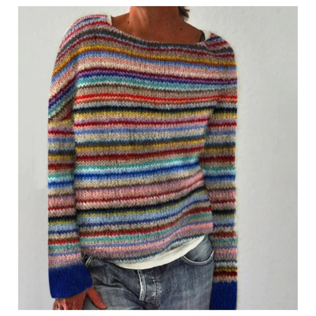 Agatha | Women's Ribbed Boat Neck Striped Knit Long Sleeve Sweater