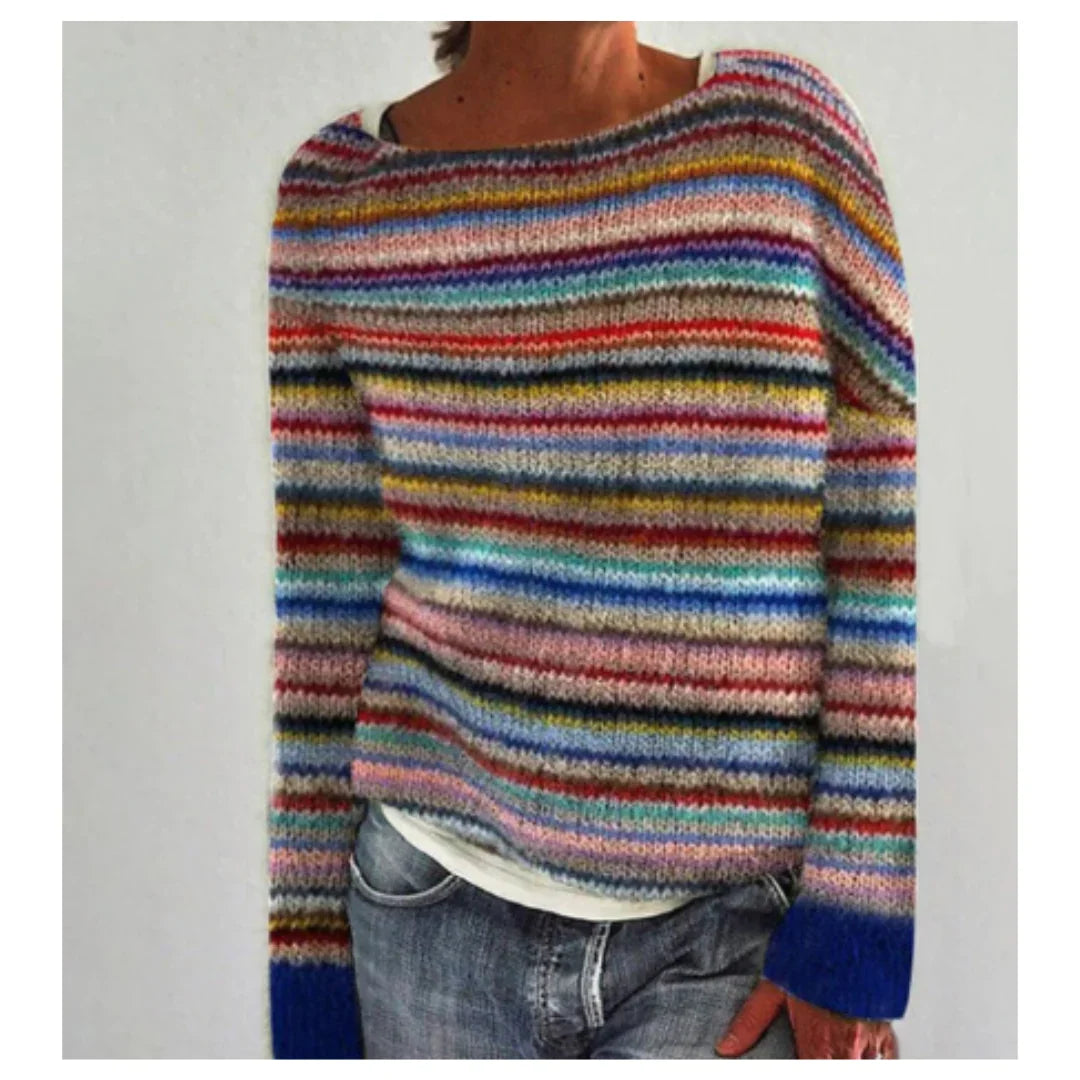 Agatha | Women's Ribbed Boat Neck Striped Knit Long Sleeve Sweater