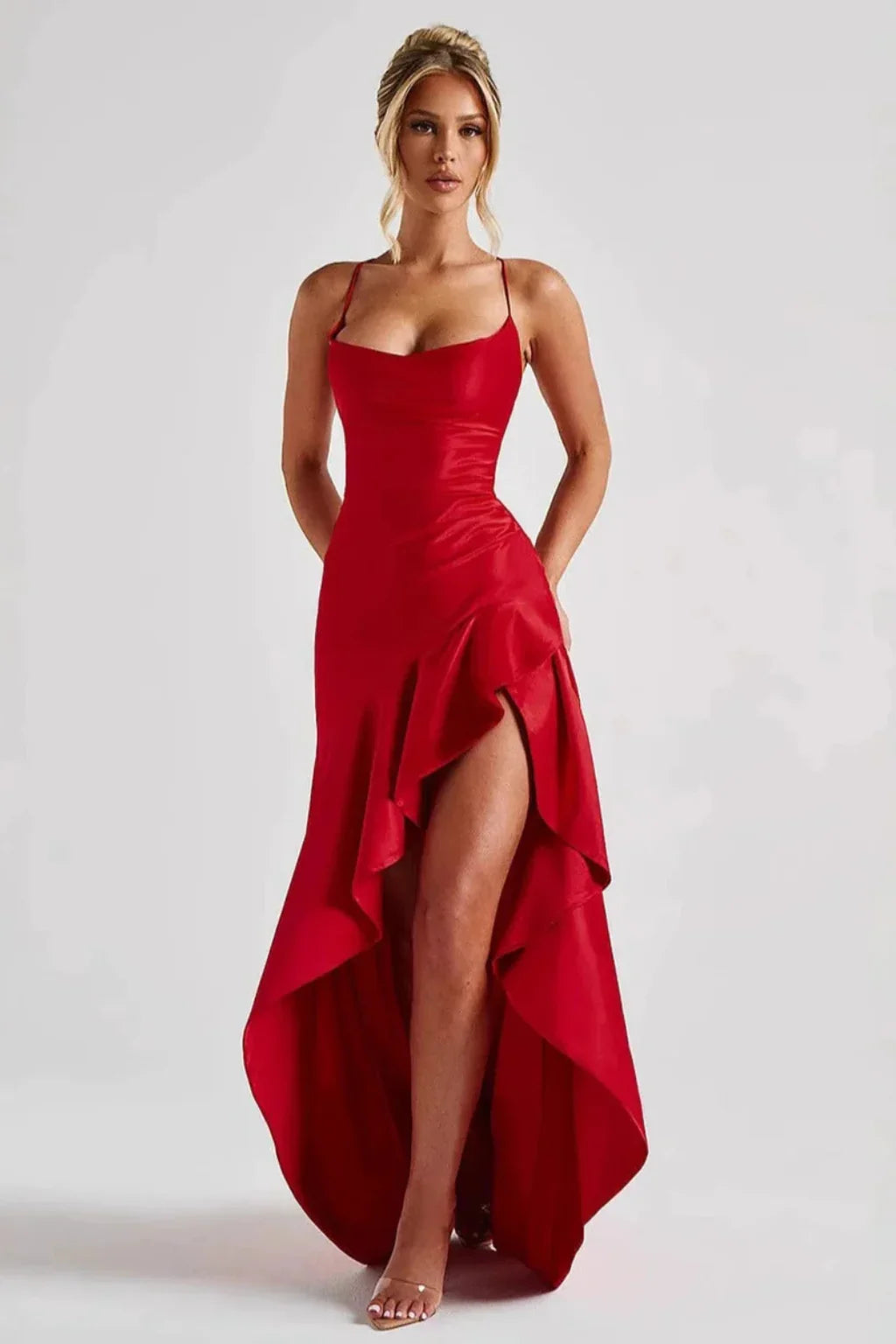Agnes | Cowl Neck Wedding Guest Maxi Dress with Ruffle Trim and High Slit