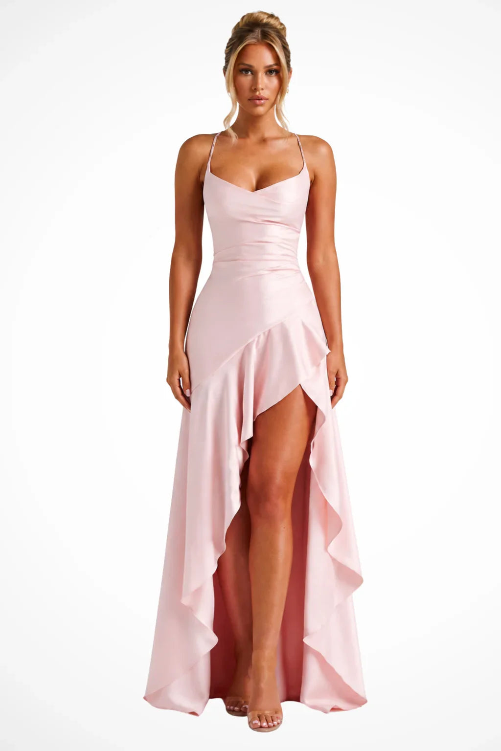 Agnes | Cowl Neck Wedding Guest Maxi Dress with Ruffle Trim and High Slit