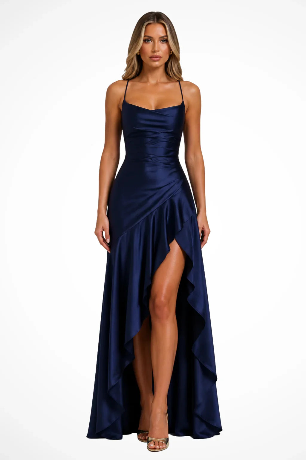 Agnes | Cowl Neck Wedding Guest Maxi Dress with Ruffle Trim and High Slit