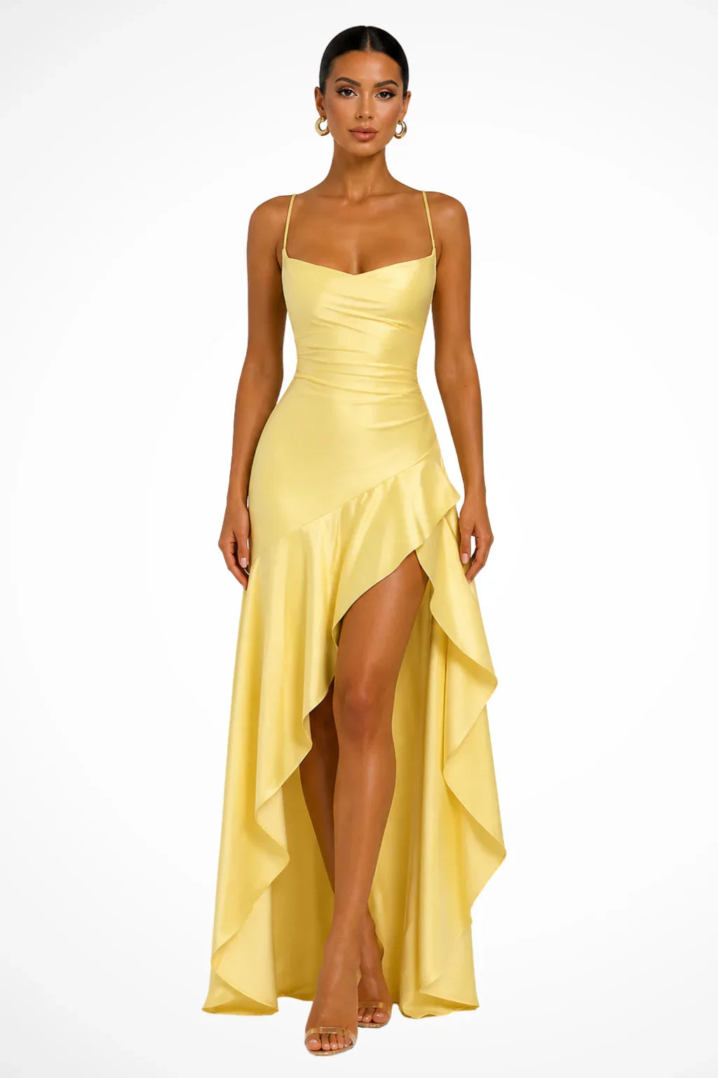 Agnes | Cowl Neck Wedding Guest Maxi Dress with Ruffle Trim and High Slit
