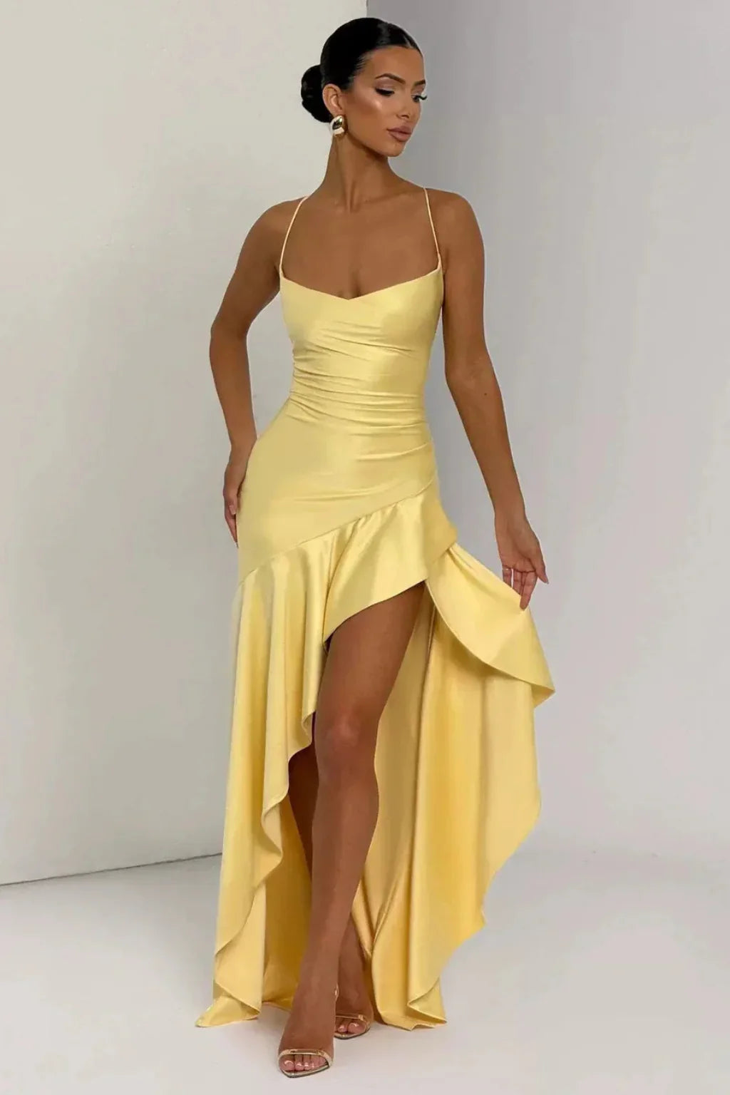 Agnes | Cowl Neck Wedding Guest Maxi Dress with Ruffle Trim and High Slit
