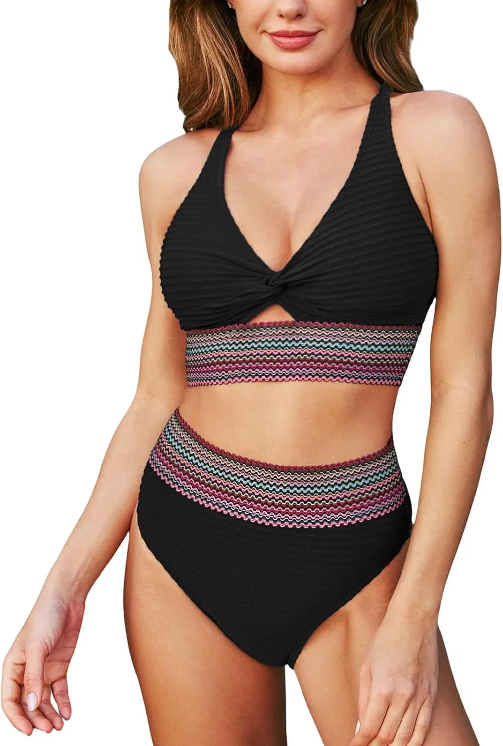 Agnes | Women's High Waisted Bikini Set with Twist Front and Multicolor Trim