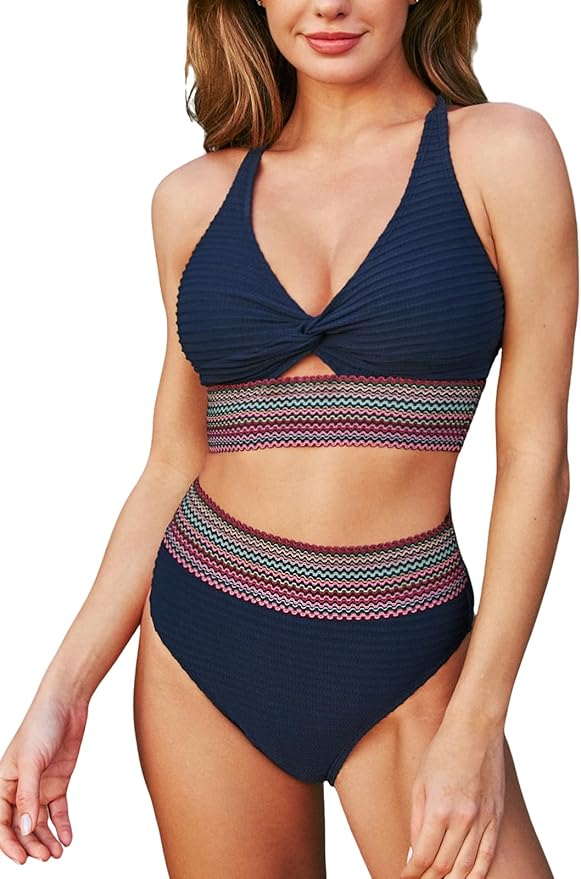 Agnes | Women's High Waisted Bikini Set with Twist Front and Multicolor Trim