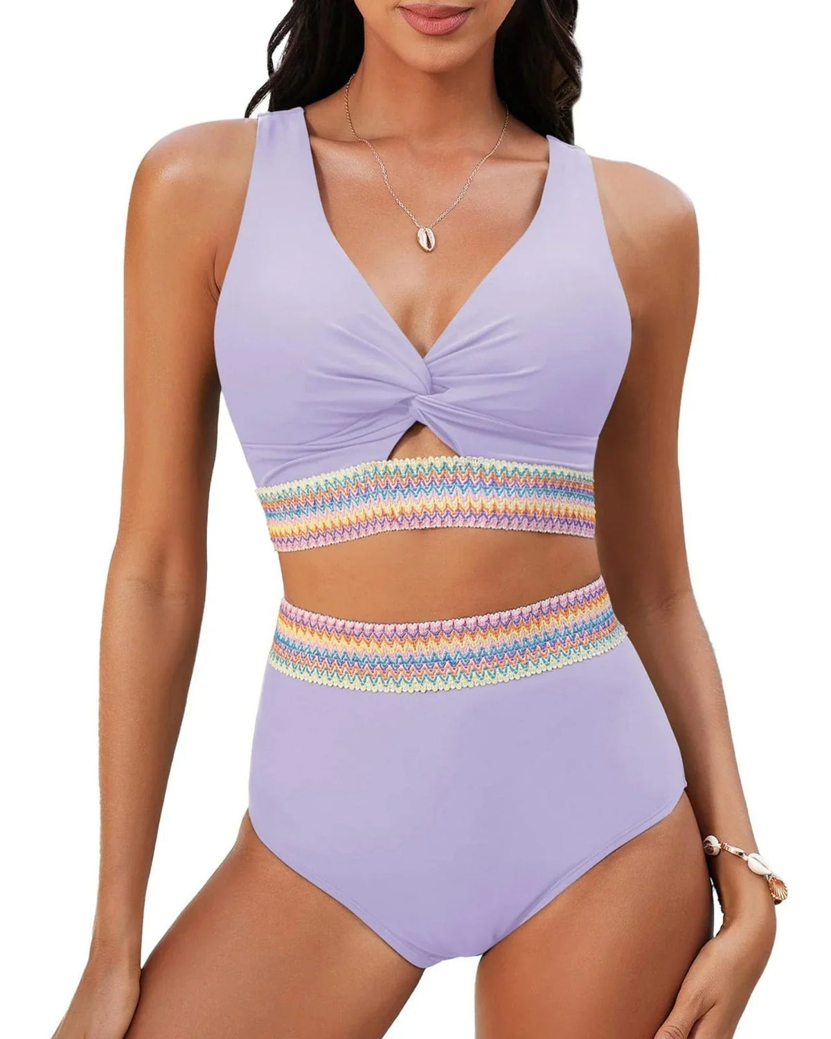Agnes | Women's High Waisted Bikini Set with Twist Front and Multicolor Trim