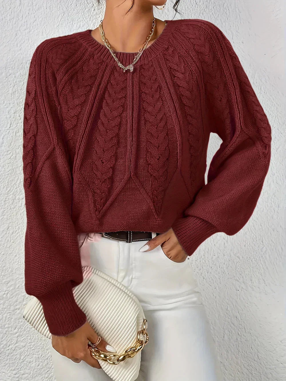 Agnes | Women's Ribbed Cable Knit Crew Neck Sweater with Puff Sleeves