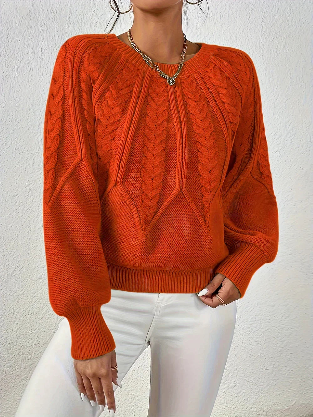 Agnes | Women's Ribbed Cable Knit Crew Neck Sweater with Puff Sleeves