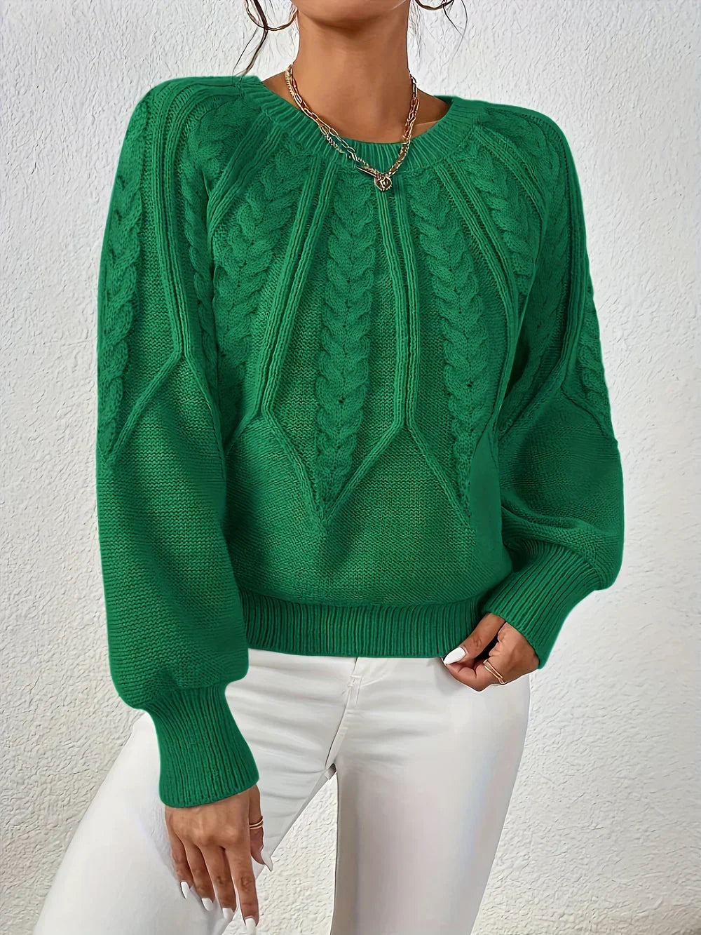 Agnes | Women's Ribbed Cable Knit Crew Neck Sweater with Puff Sleeves