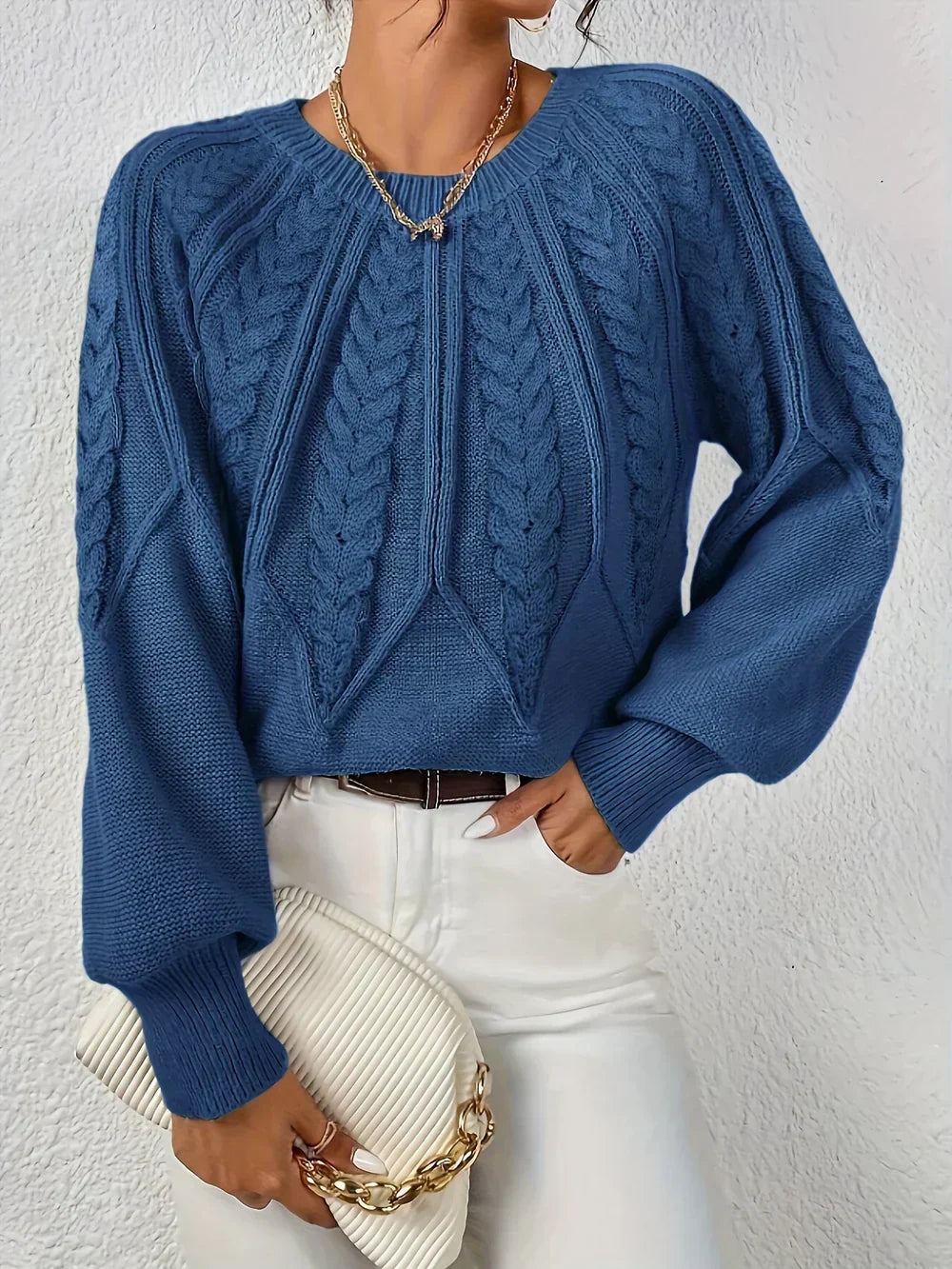 Agnes | Women's Ribbed Cable Knit Crew Neck Sweater with Puff Sleeves