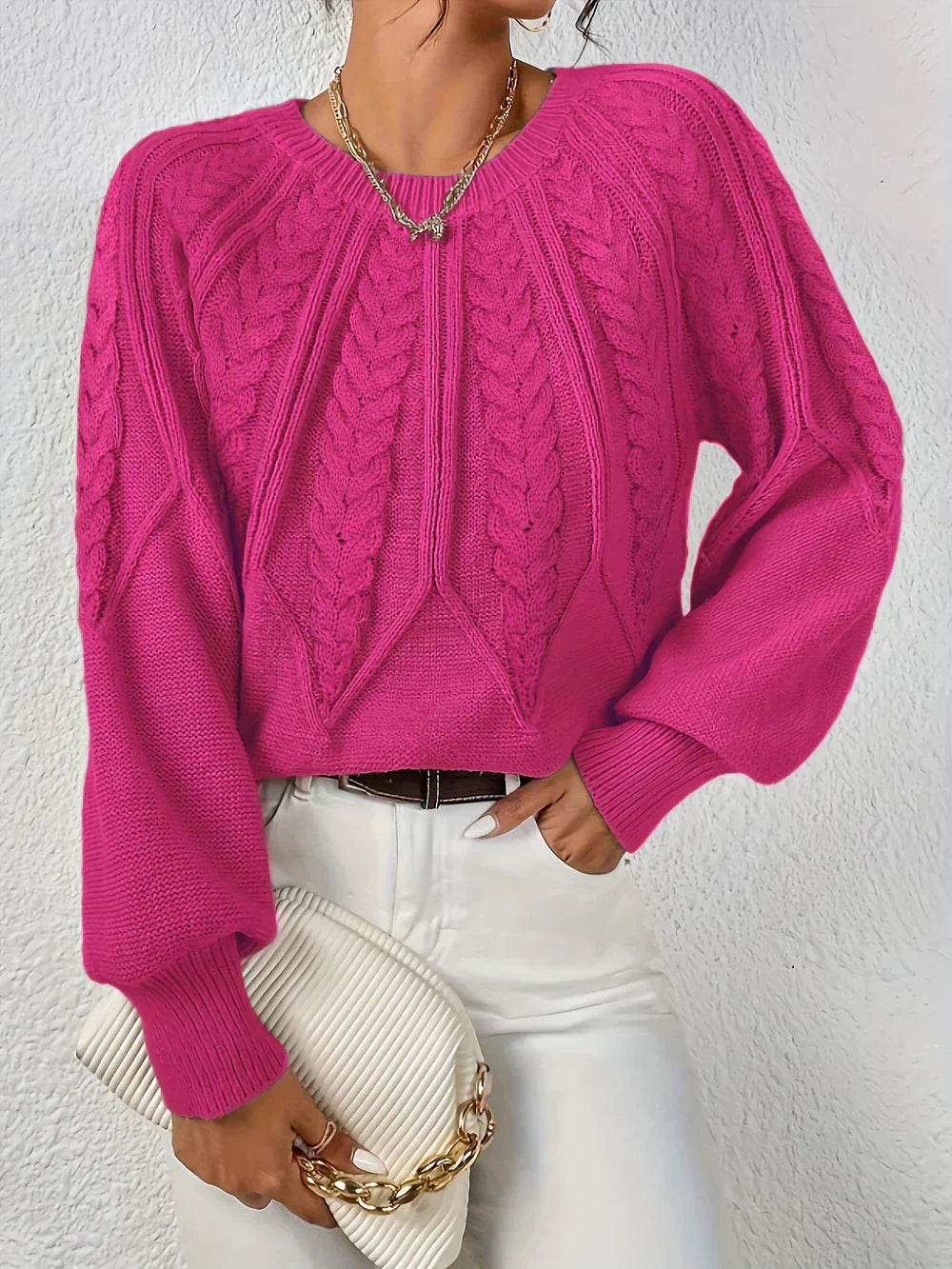Agnes | Women's Ribbed Cable Knit Crew Neck Sweater with Puff Sleeves