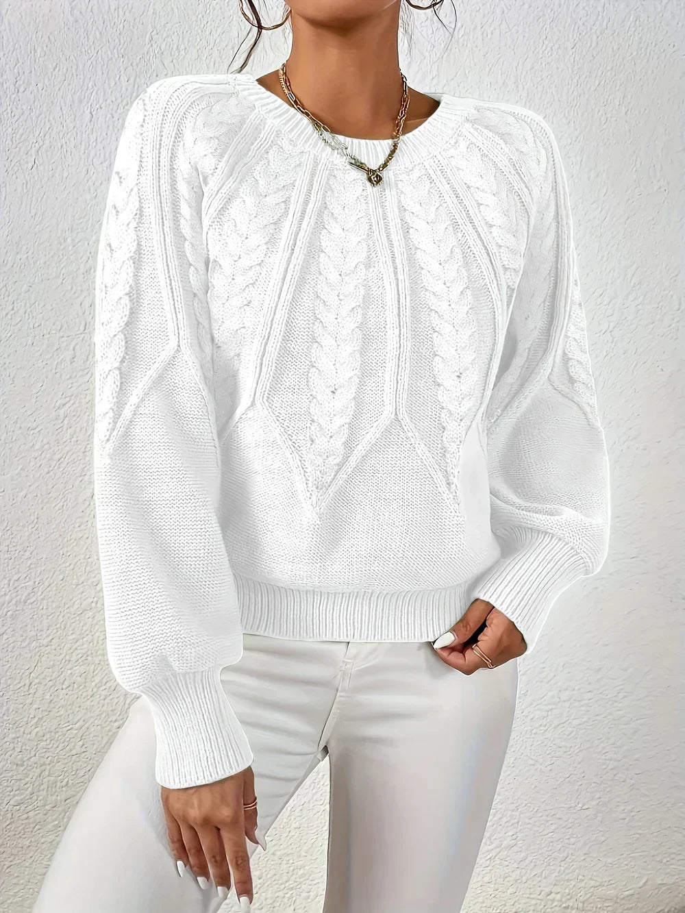 Agnes | Women's Ribbed Cable Knit Crew Neck Sweater with Puff Sleeves
