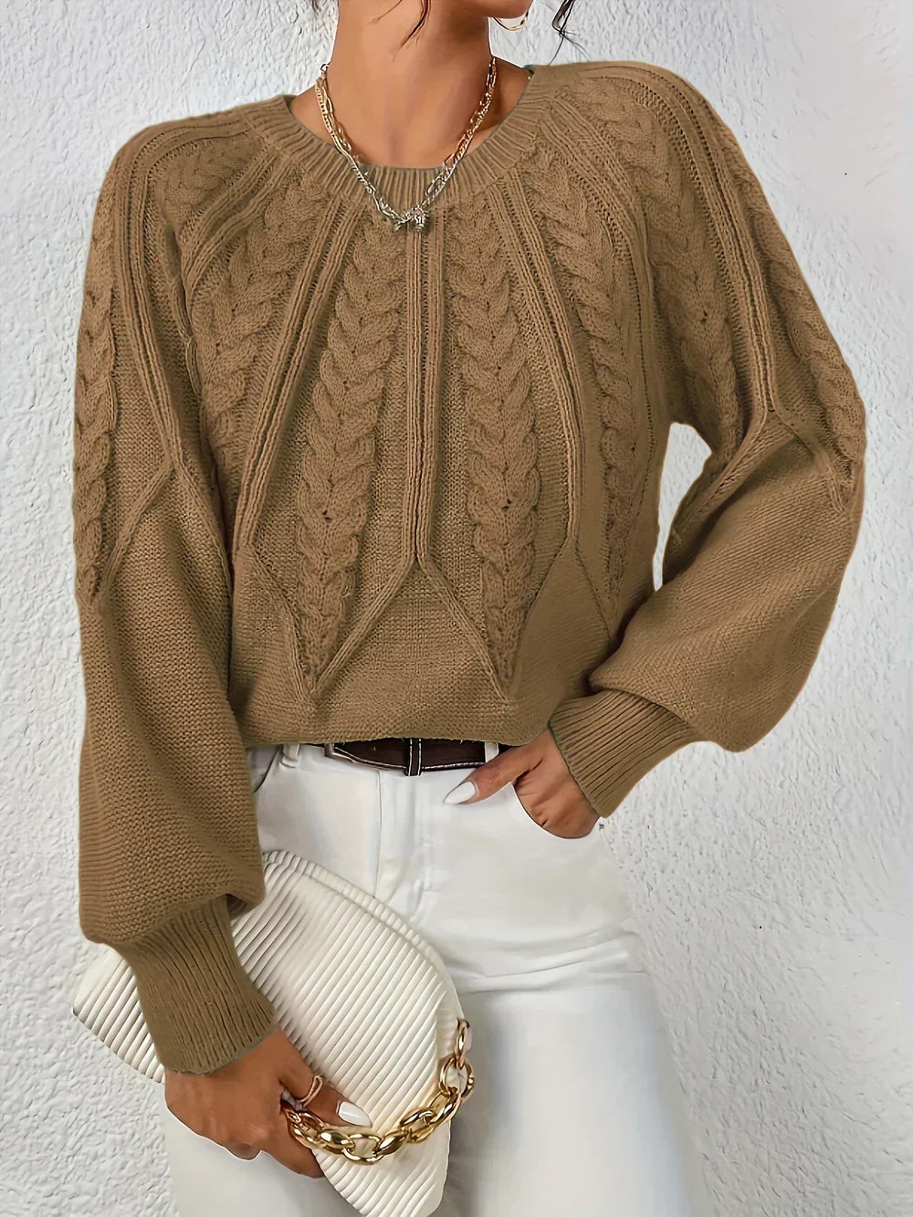 Agnes | Women's Ribbed Cable Knit Crew Neck Sweater with Puff Sleeves
