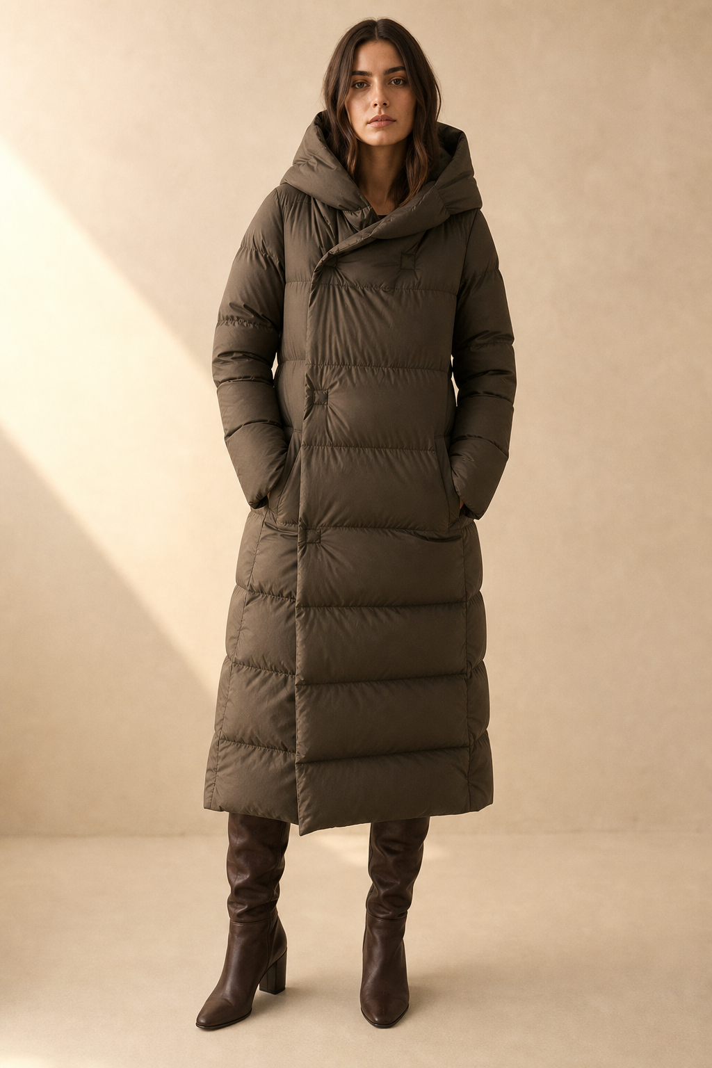 Autumn | Womens Long Down Parka with Hood | Duck Down Fill, Long Cut, Hidden Front Closure | Coffee, Black, White S-L