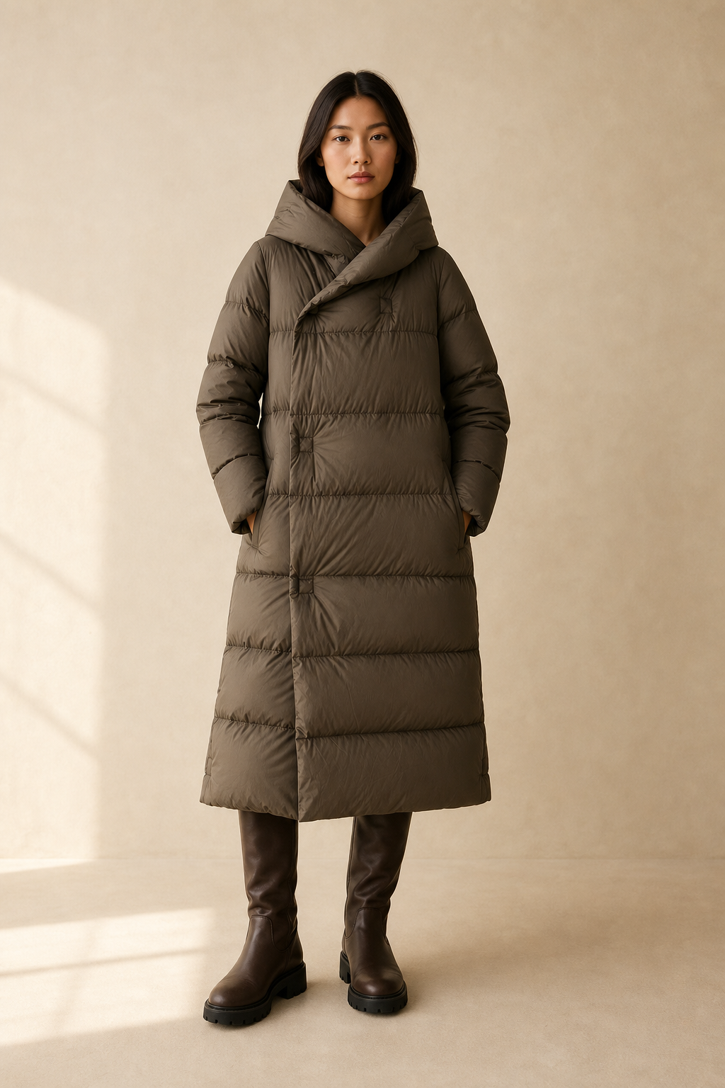 Autumn | Womens Long Down Parka with Hood | Duck Down Fill, Long Cut, Hidden Front Closure | Coffee, Black, White S-L